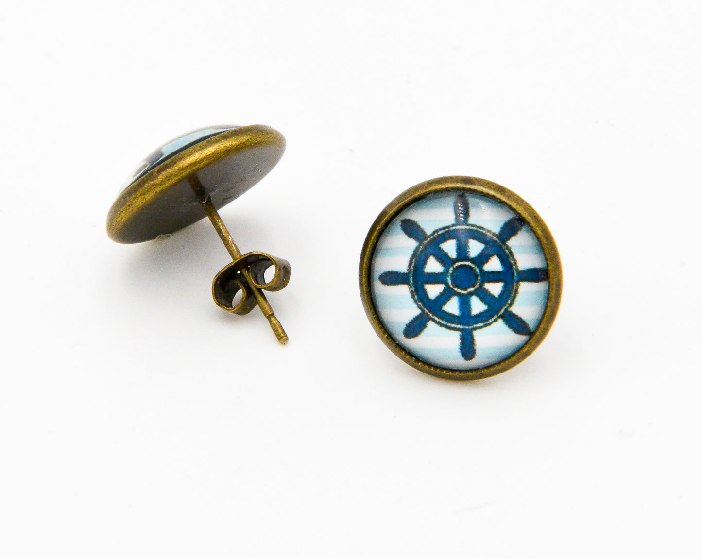 Ohrstecker mit Glas Steuerrad  gestreift Fassung in Bronze