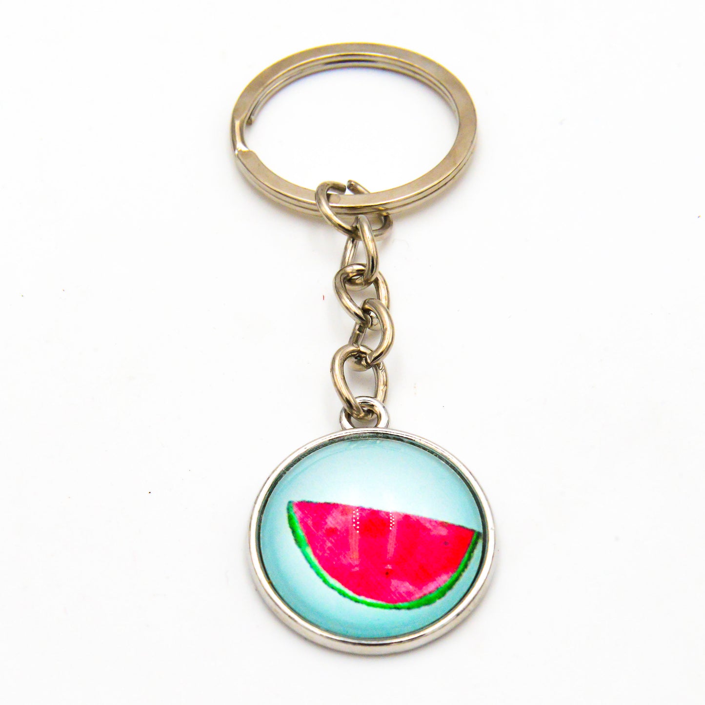 Schlüsselanhänger mit Glaskuppel Wassermelone Silber