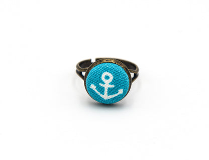 Ring mit Stoff und Anker in Türkis und Bronze 12mm