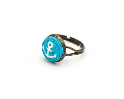 Ring mit Stoff und Anker in Türkis und Bronze 12mm