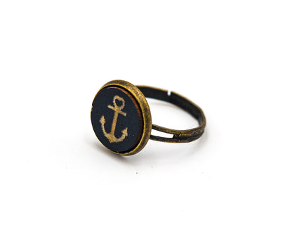 Ring mit Anker aus Holz Farbe Schwarz in Bronze 12mm