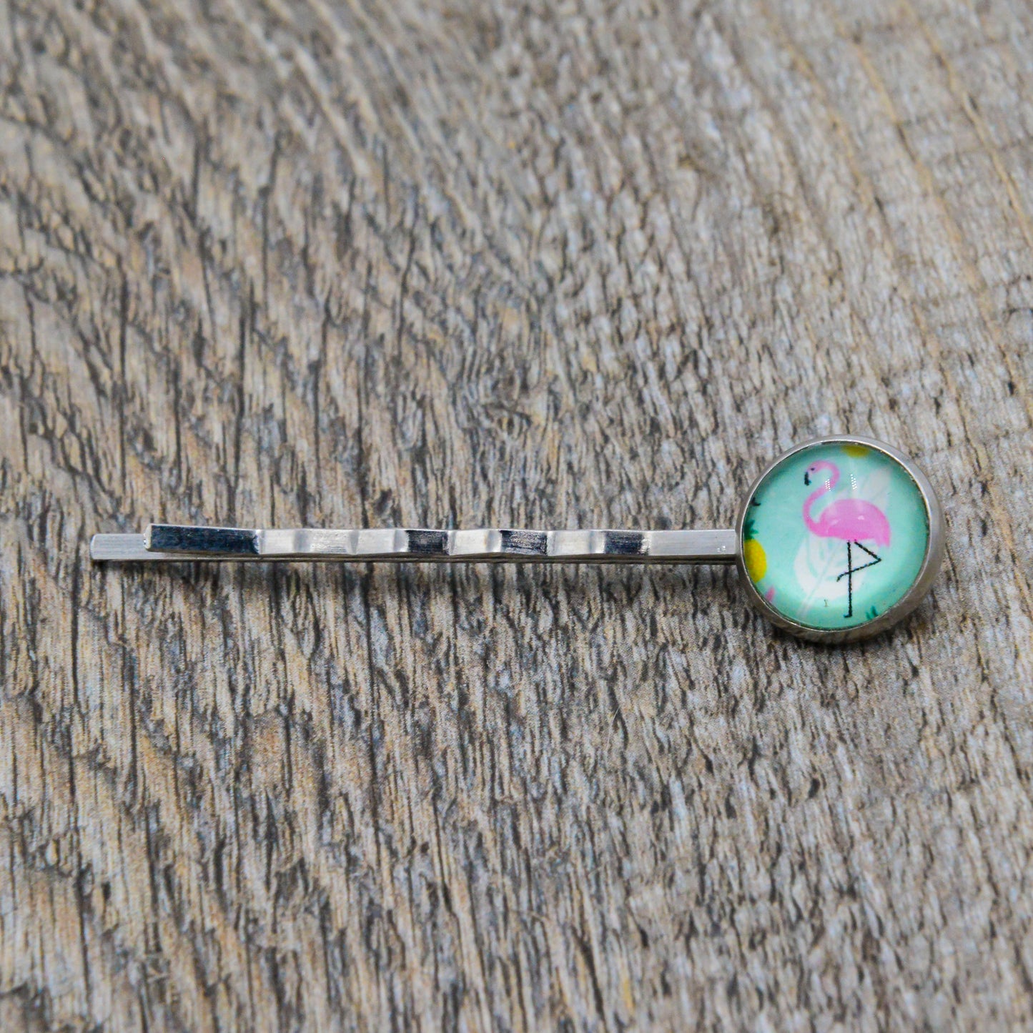 Haarklammer mit Glas und Flamingo und Fassung in Silber